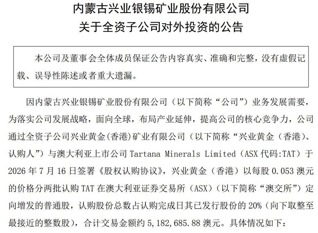 溢价165%！兴业银锡拟认购澳大利亚上市矿企TAT20%股份，成其第一大股东